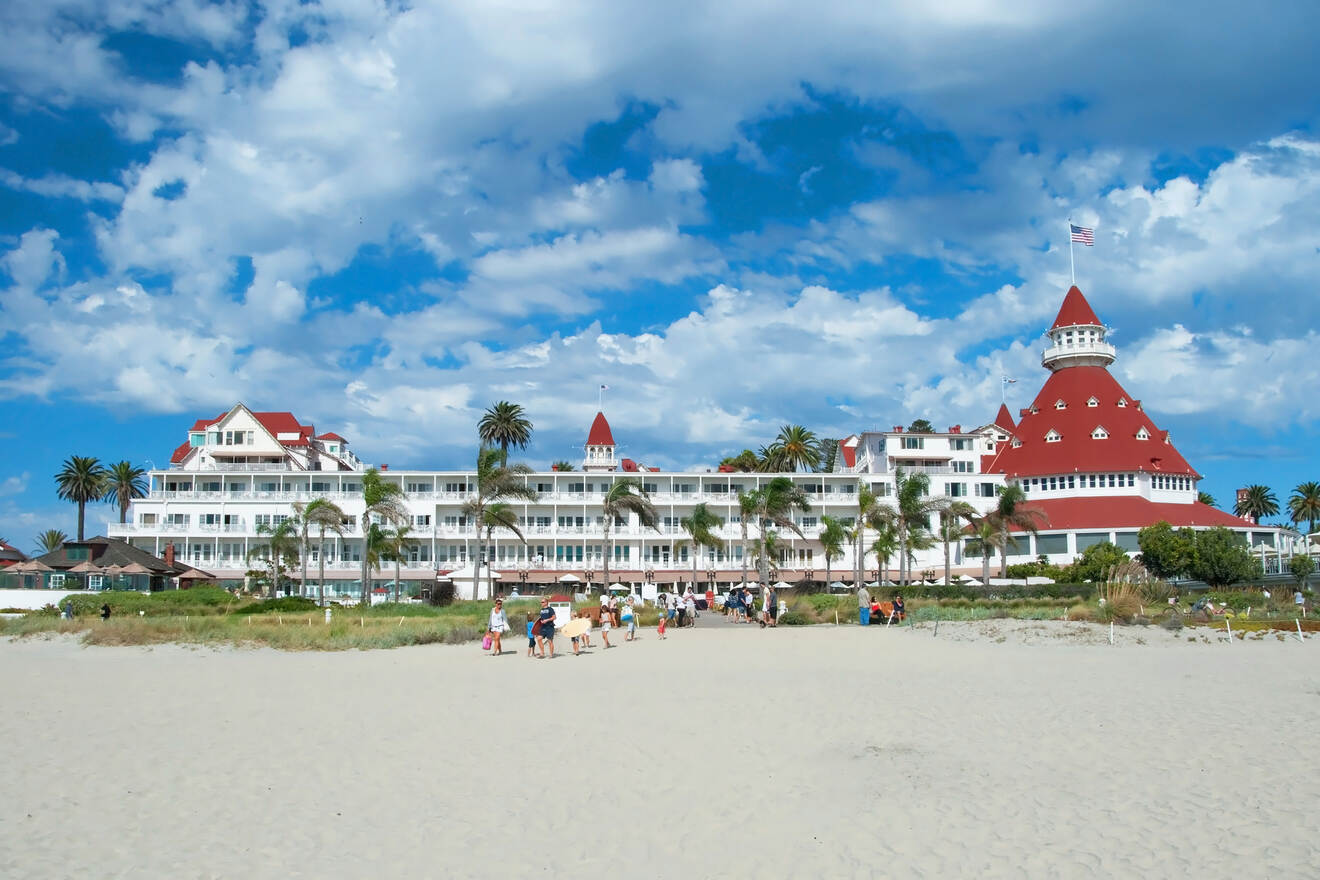 a beach with Hotel del Coronado in the background